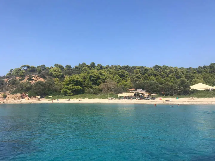 A beach with a taverna under the trees