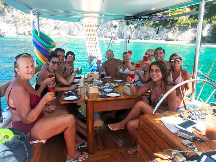 Group lunch with the white cliffs behind