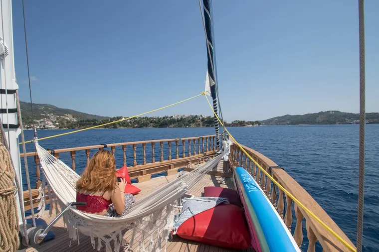 Hammock and cushions at the bow