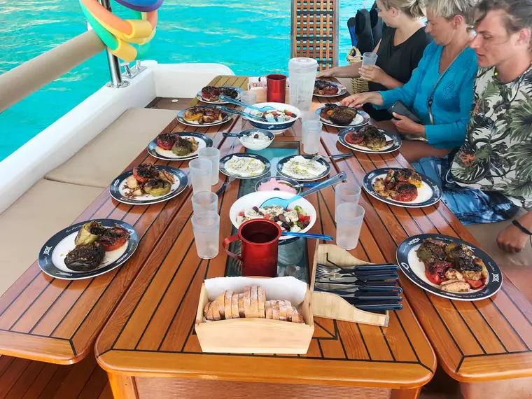 Lunch served at the long deck table