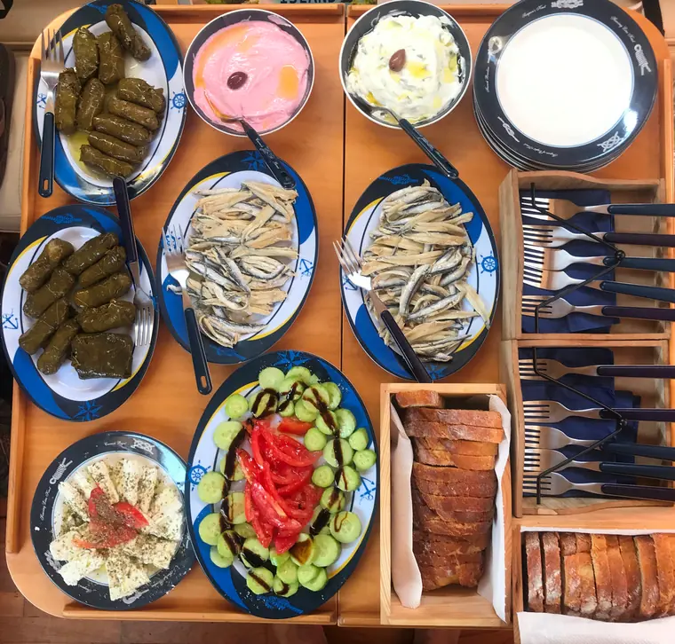 Meze platters: dolmades, sardines, tzatziki and salad