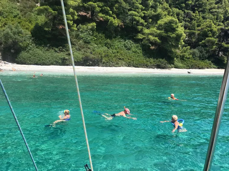 Swimming at a pine-fringed beach