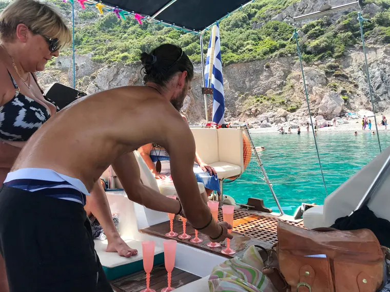 The crew preparing lunch at anchor