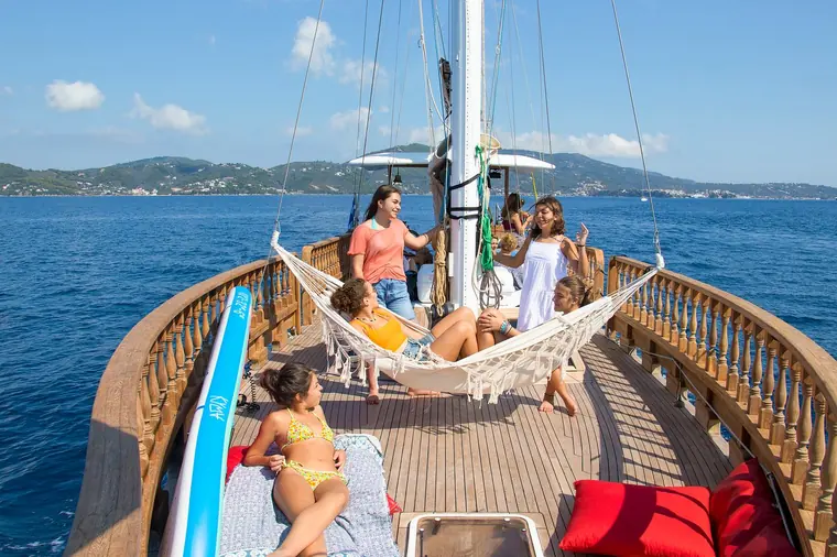 The foredeck with hammock and paddle boards