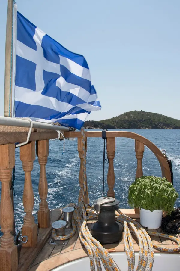The Greek flag at the stern