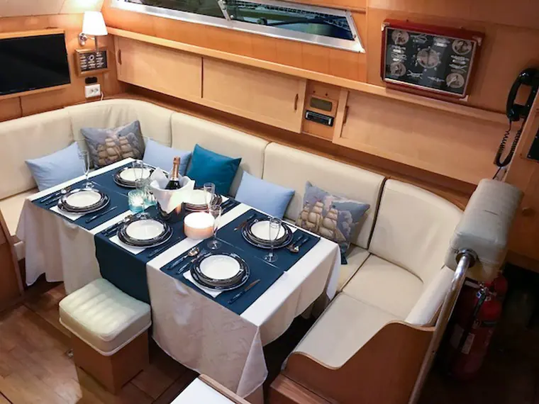 The saloon table set below deck