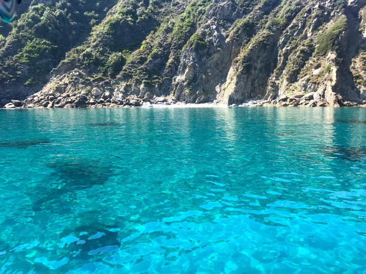 Turquoise water below green cliffs